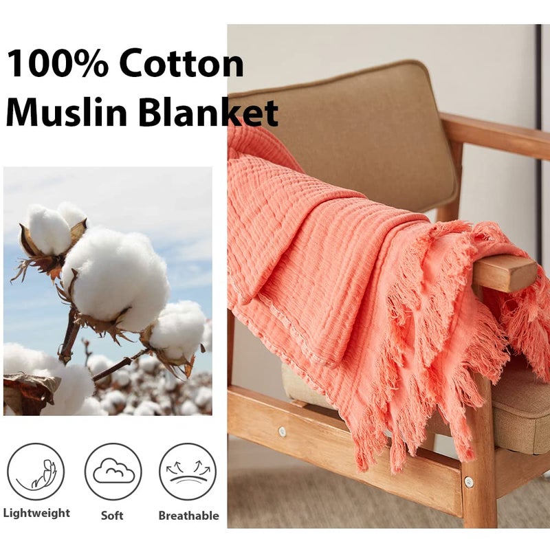 Simple&Opulence Cotton Muslin Throw Blanket for Bed, Couch, Knit Woven Gauze Blanket with Tassels, Soft Lightweight Cozy Pre-Washed Breathable Farmhouse Decoration for All-Season (Coral Red) - Image 3